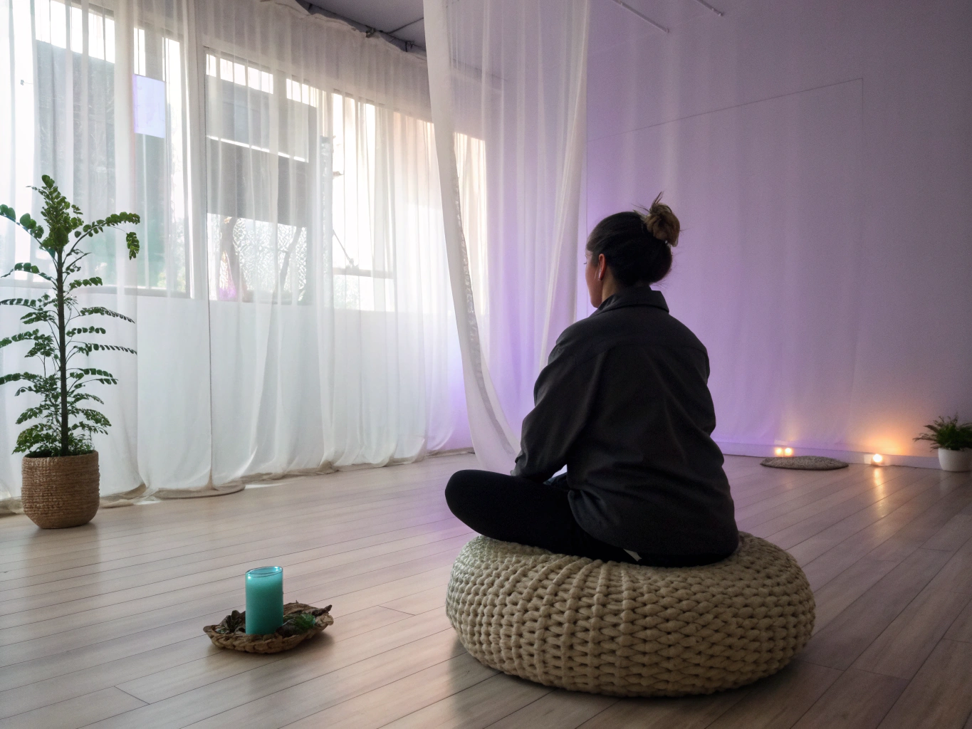 A serene, enlightened individual finding balance through spiritual guidance and celestial alignment
